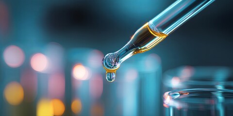 Leinwandbilder - Close-Up Image of a Dropper Releasing Liquid into a Test Tube with Colorful Bokeh Effects in a Laboratory Setting for Chemical Experiments