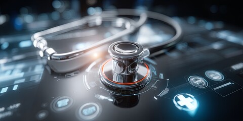 Leinwandbilder - Modern Medical Technology Concept with Stethoscope, Digital Interface, Health Care, Patient Data, and Medical Icons in Background