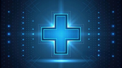 Poster - Abstract gradient Science technology and medical. Abstract digital design featuring a glowing cross on a blue background with light effects.