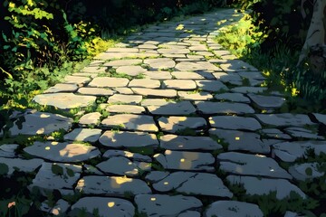 Poster - 緑豊かな木々と日差しが差し込む石畳の小道 夏の晴天の下 穏やかな風景
