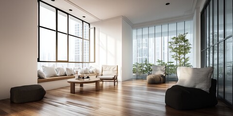 Poster - Modern interior space with large windows and blurred background, natural light streaming through, showcasing contemporary design elements and minimalistic decor