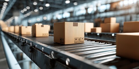 Fototapete - Efficient Packing and Shipping Process in a Modern Warehouse with Moving Conveyor Belts and Cardboard Boxes Ready for Distribution