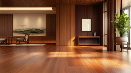 Poster - 明るい木製の床に自然光が差し込むモダンインテリア 伝統的なアート作品と観葉植物が調和した落ち着いた空間