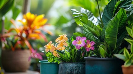 Aufkleber - 鮮やかなオレンジとピンクの花が咲く鉢植え植物のクローズアップ 屋内明るい緑の葉の背景
