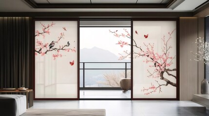 Aufkleber - 屋内空間に描かれた桜の枝と鳥のイラスト 窓から見える山の風景 柔らかな自然光が差し込むモダンな装飾