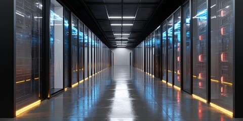 Leinwandbilder - Modern Data Center Corridor with Rows of High-Tech Servers and LED Lights Featuring Advanced Technology and Innovative Architecture Elements