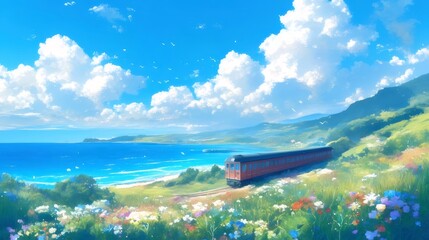 Poster - 夏空の下を走る赤い列車と咲き誇る花々の草原 海と丘が広がる鮮やかな風景
