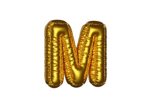 gold Metal Balloon English Alphabet Letter M white background. 3d Rendering