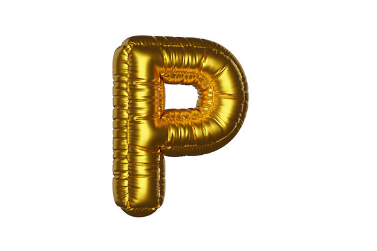 gold Metal Balloon English Alphabet Letter P white background. 3d Rendering