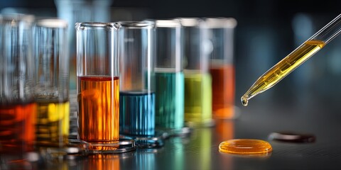 Leinwandbilder - Colorful Chemical Experiment in Laboratory with Test Tube and Pipette, Scientific Research and Discovery Concept Featuring Chemistry Reactions and Analysis