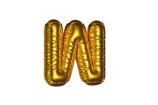 gold Metal Balloon English Alphabet Letter W white background. 3d Rendering