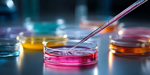 Leinwandbilder - Colorful laboratory scene with pipette and petri dish filled with vibrant liquid, showcasing scientific research and creative experimentation in microbiology