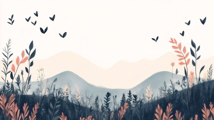 Aufkleber - 水彩画の山と植物の風景イラスト 青とピンクの配色 穏やかな雰囲気の自然背景