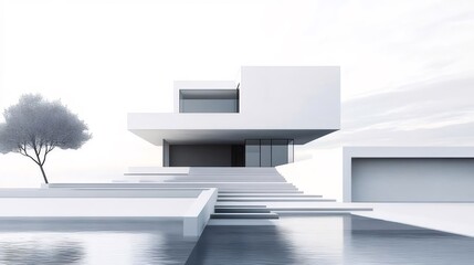 Poster - 白いモダンなデザインの住宅 屋外のプールと木のあるミニマリストな建築 日中の明るい光の中で