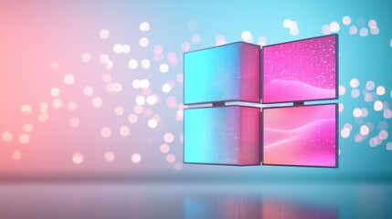 Fototapete - Four digital screens form a window shape with vibrant pink and blue graphics on a bokeh background.
