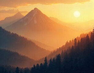 Poster - 夕日の光の中で山々と木々が並ぶ風景画 黄金色の空がドラマチックな景色を作り出す