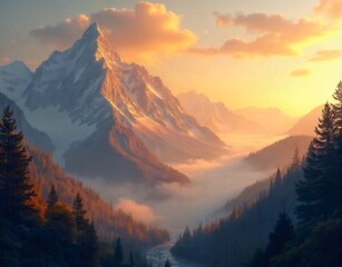 Aufkleber - 夕焼け時の雪山と谷間の風景 黄金色の光が山頂を照らし 雲海と木々が広がる自然の絶景