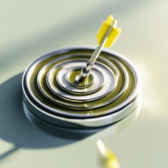 Poster - Arrow Hitting the Bullseye: A Conceptual Image of Success, Focus, and Strategic Aim, with a Metallic Target on a Soft Light Green Background.