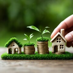 Aufkleber - Investing in real estate: Tiny houses and coin stacks with green sprouts symbolize financial growth and investment.