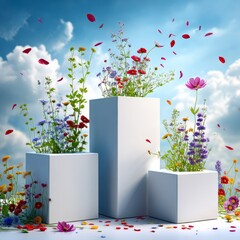 Poster - Wildflower Garden on Modern Plinths Against a Dreamy Sky with Scattered Petals: A Celebration of Nature's Beauty 