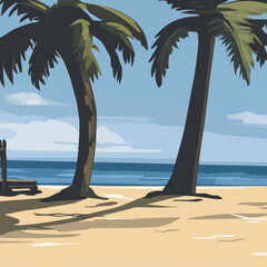 Wall Mural - serene beach scene featuring tall palm trees swaying gently in breeze, with calm ocean in background and soft clouds in sky, evoking sense of tranquility and relaxation