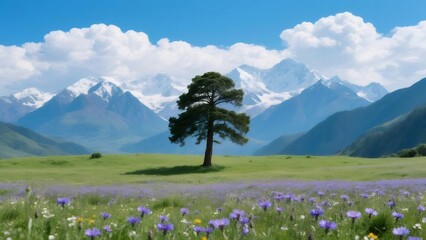 Poster - 鮮やかな緑の草原にそびえ立つ木々と雪山背景の青空の下の花畑