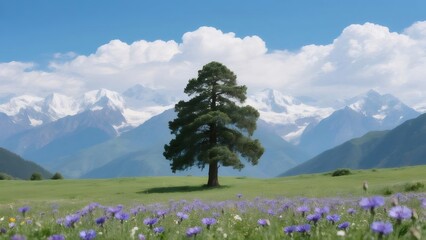 Poster - 山と青空の下の単独の木 立った緑豊かな草原 咲き誇る紫色の花々に囲まれて 自然風景