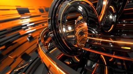 Poster - Abstract digital tunnel with glowing orange and black lines. Digital artwork of vibrant glowing orange color and black background. Futuristic technology and data flow concept. Cyber tunnel. AIG53.
