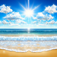 Wall Mural - beautiful beach scene featuring bright sun shining over calm ocean, with fluffy clouds scattered in clear blue sky. gentle waves lap against sandy shore, creating serene atmosphere