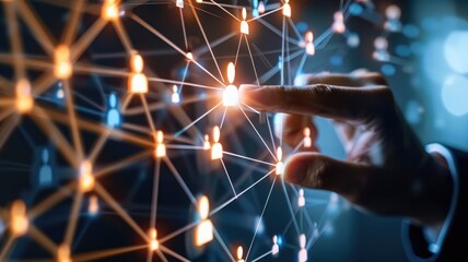 Poster - Hand touching digital network connection interface. Futuristic technology and communication concept. Background for wallpaper. Close up of hand pointing at holographic of human connection. AIG53.
