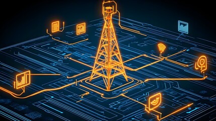 Poster - Futuristic communication tower with glowing connections in a high-tech digital landscape