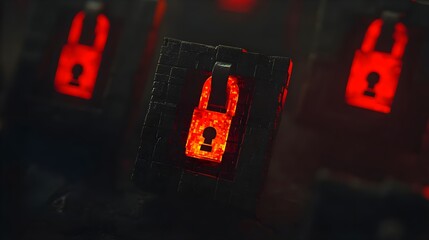 Poster - Symbolic firewall warning icons digital security visual art dark environment close-up cyber safety