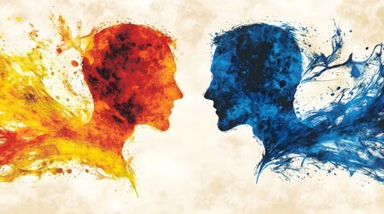 Poster - Dynamic contrast of two faces art exhibition abstract portrait creative studio profile view artistic expression