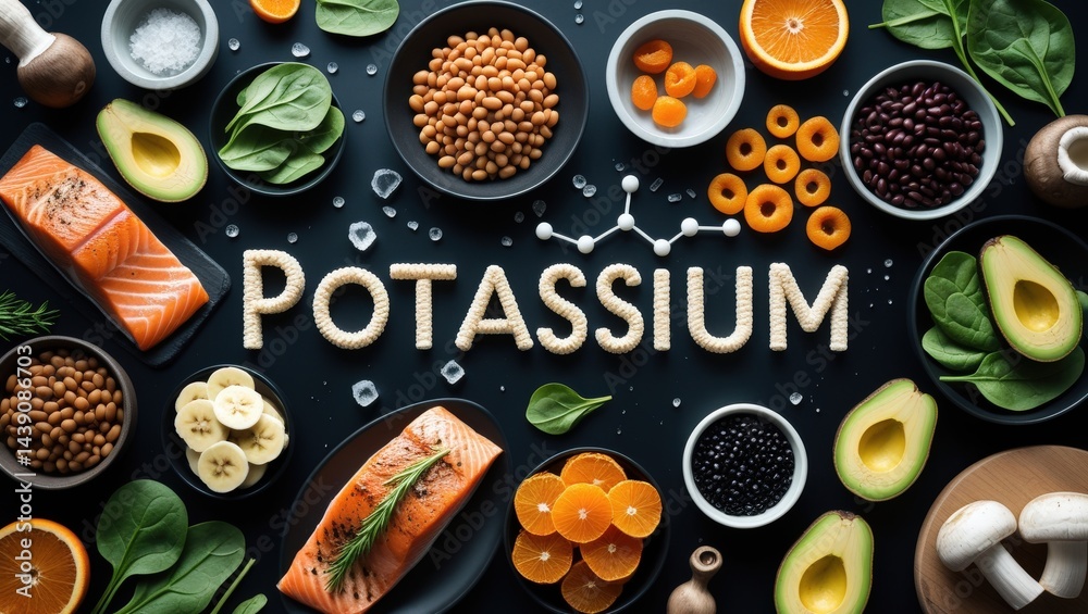 Potassium Powerhouse: A Luxurious Dark Flat Lay of Vital Nutrient-Rich ...