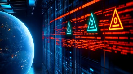 Poster - Warning triangles indicating network breach alerts data center digital art futuristic eye-level cybersecurity
