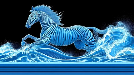 Poster - Dynamic blue zebra leaping through ocean waves artistic chaos abstract environment