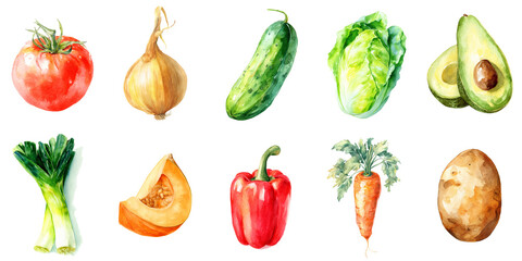Poster - Beautiful watercolor illustrations of fresh vegetables like tomato, onion, cucumber, lettuce, avocado, leek, pumpkin, pepper, carrot, and potato, perfect for healthy food projects.