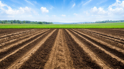 Wall Mural - freshly turned earth with visible patches of soil, fertilizer manure and green fields under blue sky