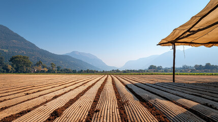 Wall Mural - neatly arranged agricultural field with mountains in background under clear blue sky