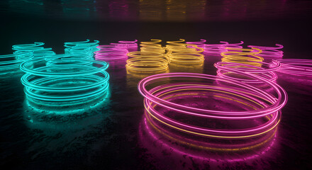 Poster - Abstract Neon Spiral Shapes Arranged On a Dark Surface With Reflections