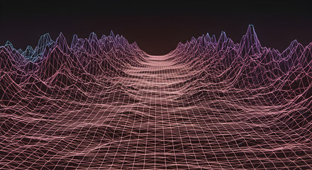 Poster - Abstract Synthwave Grid Landscape With Mountain Peaks On Dark Background