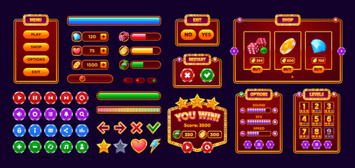 casino gambling game interface. cartoon vector ui buttons, glowing meters, menu panels, and interact