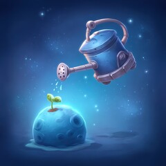 Wall Mural - A robotic watering can nurtures a small plant growing on a blue, moon-like planet in a starry outer space scene.