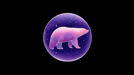 Wall Mural - A cosmic-themed illustration of a polar bear, colored in pink and purple hues, walking within a starry circular galaxy on a black background.