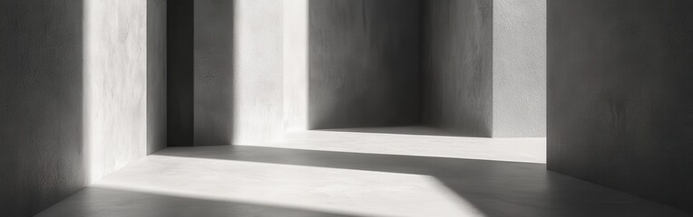 Poster - Abstract architectural space with diffused light and shadows casting on concrete surfaces, creating a minimalist interior scene