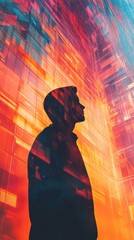 Fototapete - Silhouette of Man with Abstract Glowing Building - Artistic and Conceptual Visual