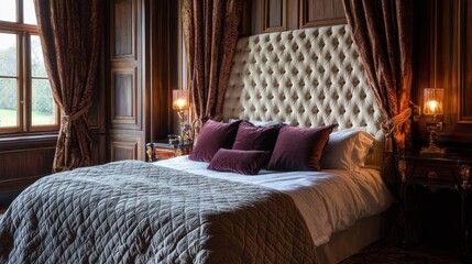 Poster - Elegant bedroom with tufted headboard, velvet curtains, and luxurious bedding in a classic style