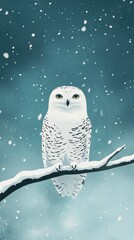Poster - Snowy owl perched on branch during winter snowfall with serene blue backdrop and detailed feather textures
