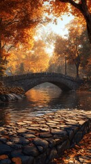 Aufkleber - Peaceful Arch Stone Bridge Reflection in Autumnal River, Cobblestone Bank and Scenic Foliage