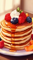 Poster - Stack of Fluffy Pancakes Topped with Fresh Berries, Whipped Cream, and Dripping Maple Syrup for a Delicious Breakfast or Brunch